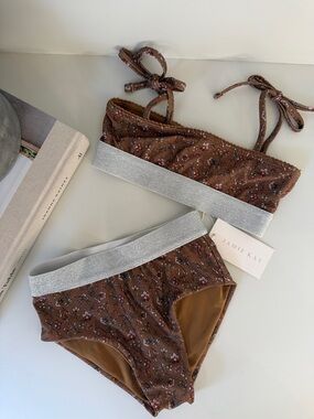 Jamie Kay Brown Floral Bralette & High-Waist Brief Set with Silver Elastic